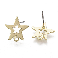 Light Gold Iron Stud Earring Findings, with Loop and Steel Pin, Star, Light Gold, 13x13mm, Hole: 1.2mm, Pin: 0.7mm