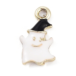 Blanco Colgantes de esmalte de latón chapado en estante de halloween, sin plomo y el cadmio, la luz de oro, amuleto fantasma, blanco, 16x8.5x2.5 mm, agujero: 1.8 mm