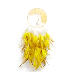Citrine Natural Citrine Tree of Life Hanging Ornaments, Woven Web/Net with Feather Pendant Decorations, 600x160mm