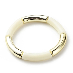 Beige Acrylic Curved Tube Beaded Stretch Bracelet for Women, Beige, Inner Diameter: 2-1/8 inch(5.3cm)
