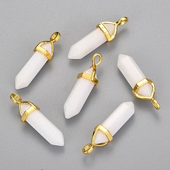White Jade Natural White Jade Bullet Double Terminated Pointed Pendants, with Golden Tone Random Alloy Pendant Hexagon Bead Cap Bails, 37~40x12.5x10mm, Hole: 3x4.5mm