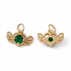 Dark Green Rack Plating Brass Cubic Zirconia Charms, Heart with Wing Charm, with Jump Ring, Long-Lasting Plated, Real 18K Gold Plated, Lead Free & Cadmium Free, Dark Green, 8.5x13.5x3.5mm, Hole: 3.2mm