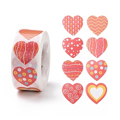 Mixed Patterns Valentine's Day Heart Paper Stickers, Adhesive Labels Roll Stickers, Gift Tag, for Envelopes, Party, Presents Decoration, Mixed Patterns, 25x24x0.1mm, 500pcs/roll