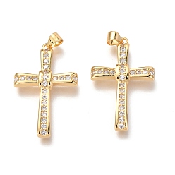 Real 18K Gold Plated Brass Micro Pave Clear Cubic Clear Zirconia Pendants, Cross, Real 18K Gold Plated, 34x20x4mm, Hole: 3mm