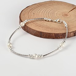 Silver Brass Anklets, with Iron Beads, Brass Textured Beads and Brass Lobster Claw Clasps, Silver Color Plated, 240mm