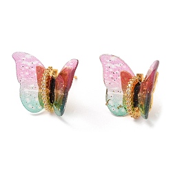 Pearl Pink Film Butterfly Stud Earrings with Cubic Zirconia, Real 18K Gold Plated Brass Earrings, Lead Free & Cadmium Free, Pearl Pink, 17x22~23mm
