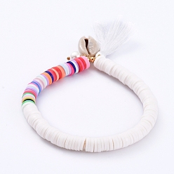 White Stretch Charm Bracelets, with Polymer Clay Heishi Beads, Cotton Thread Tassels, Cowrie Shell Beads, Glass Pearl Beads and Brass Beads, White, 2-1/4 inch(5.8cm)
