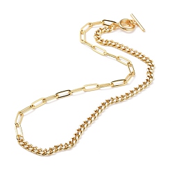 White Chain Necklaces, with Brass Enamel Curb Chains & Paperclip Chains, 304 Stainless Steel Toggle Clasps, Real 18K Gold Plated, White, 17-3/8 inch(44cm)