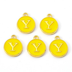 Letter Y Golden Plated Alloy Enamel Charms, Enamelled Sequins, Flat Round with Letter, Gold, Letter.Y, 14x12x2mm, Hole: 1.5mm