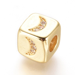 Oro Abalorios de latón, con micro allanar zirconia cúbico, cubo con luna, Claro, dorado, 6x6x6 mm, agujero: 3 mm