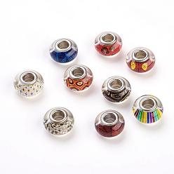 Mixed Color Glue Glass European Beads, Large Hole Beads, with Brass Double Cores, Rondelle, Platinum, Mixed Color, 14~15x8mm, Hole: 5mm