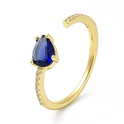Real 18K Gold Plated Blue Cubic Zirconia Teardrop Open Cuff Ring, Brass Jewelry for Women, Cadmium Free & Nickel Free & Lead Free, Real 18K Gold Plated, US Size 7 1/2(17.7mm)