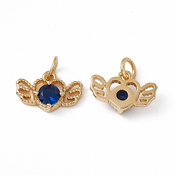 Medium Blue Rack Plating Brass Cubic Zirconia Charms, Heart with Wing Charm, with Jump Ring, Long-Lasting Plated, Real 18K Gold Plated, Lead Free & Cadmium Free, Medium Blue, 8.5x13.5x3.5mm, Hole: 3.2mm