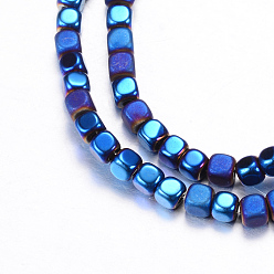Plaqué Bleu Galvanoplastie non-magnétiques brins de perles d'hématite synthétique, Avec un style matte, cube, bleu plaqué, 3x3x3mm, Trou: 1mm, Environ 142 pcs/chapelet, 15.7 pouce