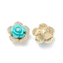 Turquoise Brass Micro Pave Cubic Zirconia Beads, with Grade A Rhinestone & Resin, Lead Free & Cadmium Free, Long-Lasting Plated, Real 18K Gold Plated, Flower, Turquoise, 18x11mm, Hole: 1mm