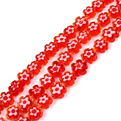 Red Handmade Millefiori Glass Bead Strands, Plum Bossom, Red, 6~7x6~8x2.5~3mm, Hole: 1mm, about 63~65pcs/strand, 15.55 inch~15.94 inch(39.5~40.5cm)