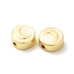Blanco Antiguo Rack de perlas de esmalte de latón chapado, con chips de cáscara, larga duración plateado, sin plomo y cadmio, plano y redondo con la luna, dorado, blanco antiguo, 11x4.5 mm, agujero: 1.8 mm