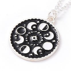 Silver Black Enamel Moon Phase Pendant Necklace, Alloy Jewelry for Women, Silver, 18.07 inch(45.9cm)