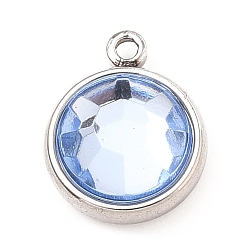 Light Sapphire 304 Stainless Steel Charms, with Acrylic Rhinestone, Birthstone Charms, Faceted, Flat Round, Stainless Steel Color, Light Sapphire, 12x10x4.4mm, Hole: 1.3mm