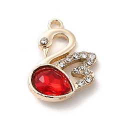 Roja Colgantes de aleación de chapado uv, con diamantes de imitación de cristal y vidrio, dorado, encantos de cisne, rojo, 19.5x15x5 mm, agujero: 1.5 mm