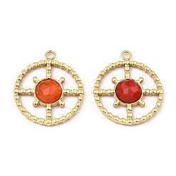 Red Agate Natural Red Agate Facete Sun Pendants, Ion Plating(IP) 316 Stainless Steel Flat Round Charms, Real 24K Gold Plated, 21x18.5x4mm, Hole: 1.8mm