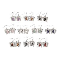 Pierre Mélangete Boucles d'oreilles pendantes papillon en pierres précieuses mélangées naturelles pour femmes, bijoux en laiton platine pour femme, sans cadmium et sans plomb, 38mm, pin: 0.6 mm