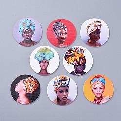 Mixed Color Printed Wooden Big Pendants, Dyed, Flat Round with Human Head, Mixed Color, 60x2.5mm, Hole: 1.5mm