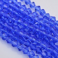 Королевский синий Граненые двухконусные стеклянные бусины, королевский синий, 4x4 мм, отверстие : 1 мм, около 92~96 шт / нитка, 13.78~14.37 дюйм