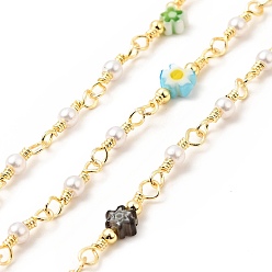 Colorful Glass Pearl & Flower Beaded Chains, with Real 18K Gold Plated Brass Findings, Soldered, with Spools , Colorful, 18.5x5x2.5mm, 12.5x3mm