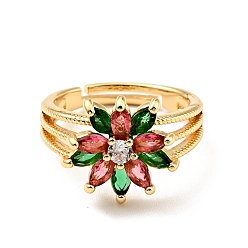 Colorful Cubic Zirconia Flower Adjustable Ring, Real 18K Gold Plated Brass Jewelry for Women, Cadmium Free & Lead Free, Colorful, US Size 6 3/4(17.1mm)