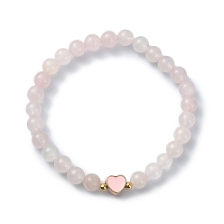 Розовый Кварц Эластичные браслеты из натурального розового кварца с круглыми бусинами, браслет в форме сердца из сплава эмали для женщин, внутренний диаметр: 2-1/8 дюйм (5.4 см)