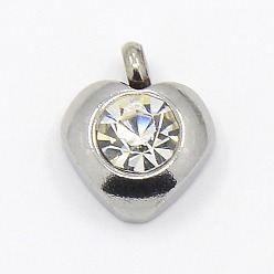 Crystal 201 Stainless Steel Rhinestone Heart Charm Pendants, Grade A, Faceted, Crystal, 9x8x4mm, Hole: 1mm