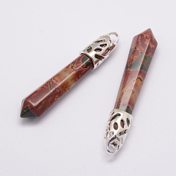 Picasso Jasper Natural Polychrome Jasper/Picasso Stone/Picasso Jasper Big Pointed Pendants, with Alloy Findings, Bullet, Platinum, 57~63x13x10mm, Hole: 3x4mm