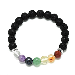 Mixed Stone Chakra Jewelry, Natural Gemstone Beads Stretch Bracelets, with Synthetic Lava Rock Beads and Alloy Beads, Round, Inner Diameter: 2-1/8 inch(5.5cm), Beads: 8.5mm