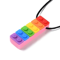 Colorful Rainbow Building Blocks Food Grade  Silicone Pendant Molar Stick Nursing Necklaces, Chewing Beads For Teethers, Colorful, 465~880x1.5mm, Pendants: 59.5x19.5x12.5mm