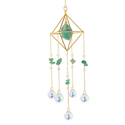 Green Aventurine Natural Green Aventurine Chip Pendant Decoration, with Glass Teardrop Charm, for Room Window Patio Hanging Oornaments, Golden, 500mm
