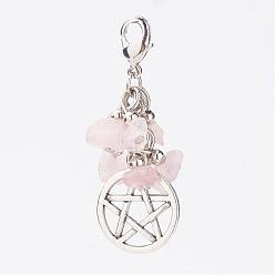 Rose Quartz Natural Rose Quartz Chips Pendants, with Flat Round with Pentagram Pendants and Brass Lobster Claw Clasps, 46x17x8mm