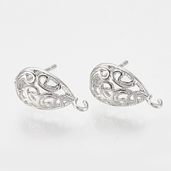 Real Platinum Plated Brass Stud Earring Findings, with Loop, Teardrop, Nickel Free, Real Platinum Plated, 13x7.5mm, Hole: 1mm, Pin: 0.8mm