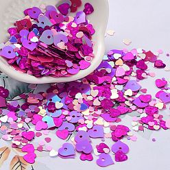 Rose Foncé Accessoires d'ornement, paillette / paillettes en plastique pvc, de couleur plaquée ab , cœur, rose foncé, 2.5~10x3~9.5x0.2mm, Trou: 1.4mm
