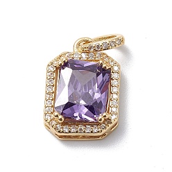 Lilac Rack Plating Brass Micro Pave Cubic Zirconia Pendants, Long-Lasting Plated, Cadmium Free & Lead Free, Real 18K Gold Plated, Rectangle Octagon Charm, Lilac, 17x12x5.5mm, Hole: 5x2.5mm