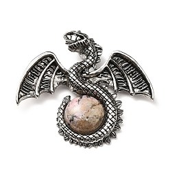 Rhodonite Natural Rhodonite Big Pendants, Dragon Charms, with Rack Plating Antique Silver Tone Alloy Findings, Cadmium Free & Lead Free, 49x56x12mm, Hole: 6~6.5mm