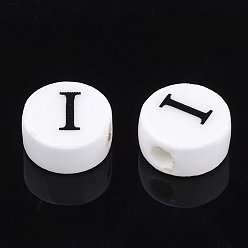 Letter I Perles en porcelaine manuelles, trou horizontal, plat rond avec la lettre, blanc, letter.i, 8~8.5x4.5mm, Trou: 2mm
