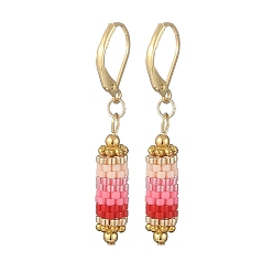 Rose Nacré Boucles d'oreilles pendantes à levier en forme de colonne tressée en graines de verre, or 304 bijoux en acier inoxydable pour femmes, perle rose, 42.5mm, pin: 1x0.6 mm