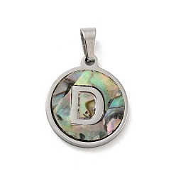 Letter D 304 Stainless Steel with Paua Shell Pendants, Stainless Steel Color, Flat Round with Letter Charm, Letter.D, 18x16x1.5mm, Hole: 3x6mm
