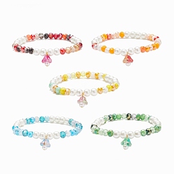 Mixed Color Glass Pearl & Flower Beaded Stretch Bracelet with Bell Charm for Women, Mixed Color, Inner Diameter: 2 inch(5.2cm)