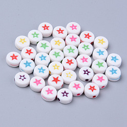 Mixed Color Opaque White Acrylic Beads, Flat Round with Mixed Color Star, 7x3.5mm, Hole: 1.5mm, about 3500pcs/500g