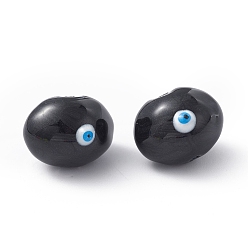 Black Glass Beads, with Enamel, Oval with Evil Eye Pattern, Black, 13x16.5x15.5mm, Hole: 1.4mm