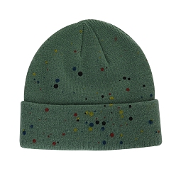 Vert Foncé Bonnet à revers en fil de fibre de polyacrylonitrile, bonnet d'hiver en tricot à pois pour femme, vert foncé, 560~580mm