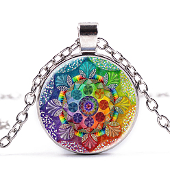 Platinum Flower of Life Glass Pendant Necklace, Om Aum Ohm Symbol Alloy Jewelry for Women, Platinum, 15.75 inch~19.76 inch(40~50.2cm)