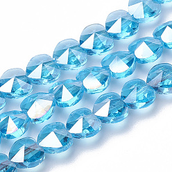 Deep Sky Blue Electroplate Glass Beads, AB Color Plated, Faceted, Heart, Deep Sky Blue, 14x14x8.5mm, Hole: 1mm